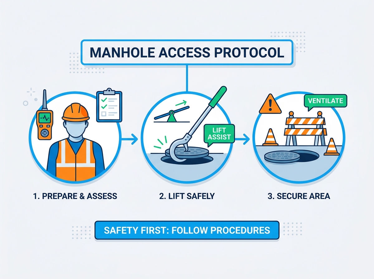 Field worker safely preparing to open a heavy utility manhole cover